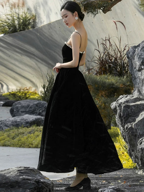 Elegant Velvet Black Straps Tea Length Party Dress, Black Wedding Party Dress