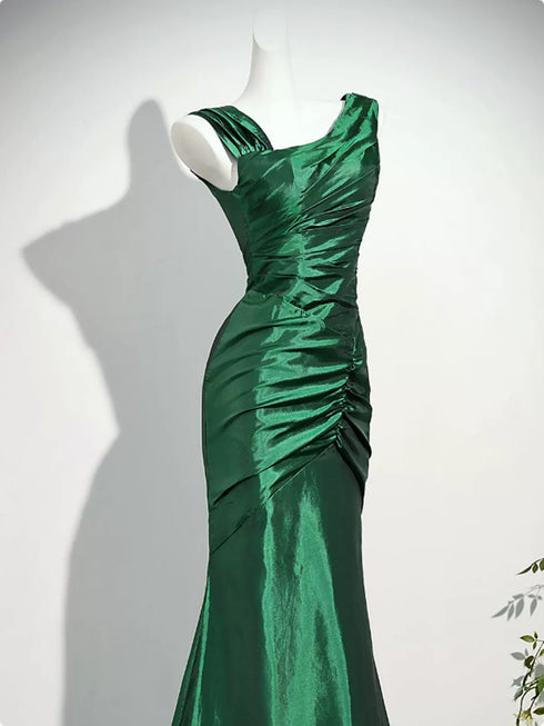 Green Satin Mermaid Simple Evening Gown Formal Dress, Green Satin Long Prom Dress