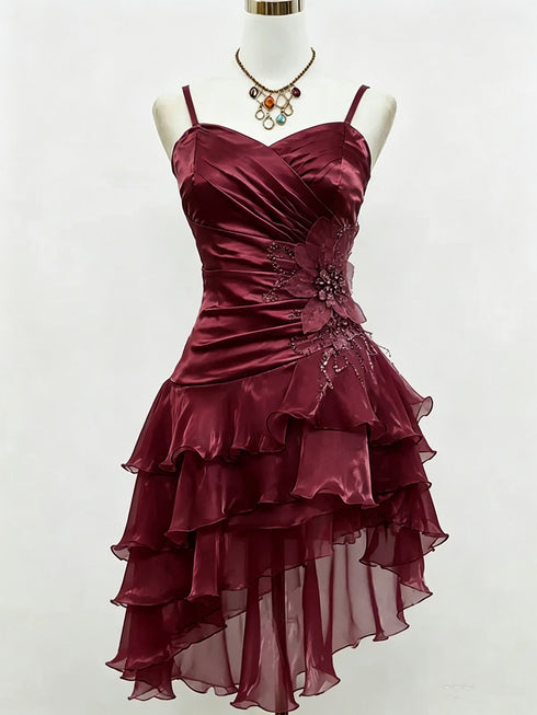 Wine Red Ruched Spaghetti Strap High-Low Cocktail Party Dress, Wine Red Floral Homecoming Dress
