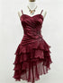 Wine Red Ruched Spaghetti Strap High-Low Cocktail Party Dress, Wine Red Floral Homecoming Dress