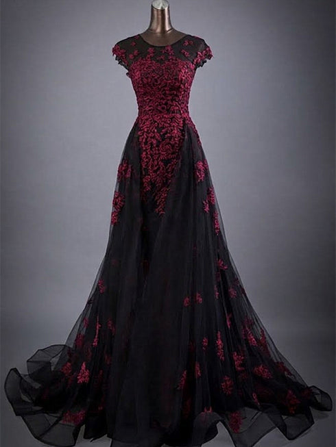 Charming Black Tulle with Red Lace Gothic Party Dress, A-line Cap Sleeves Long Prom Dress