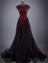 Charming Black Tulle with Red Lace Gothic Party Dress, A-line Cap Sleeves Long Prom Dress