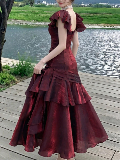Wine Red Off Shoulder Layers Sweetheart Prom Dress, Straps Wine Red Long Formal Dress