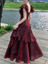 Wine Red Off Shoulder Layers Sweetheart Prom Dress, Straps Wine Red Long Formal Dress
