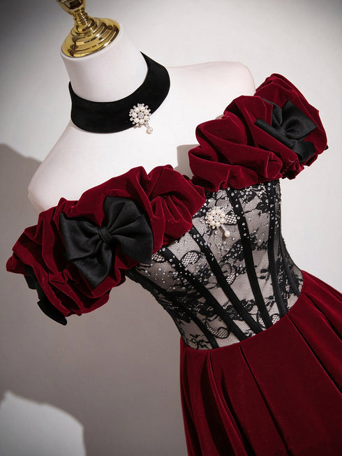 Wine Red Velvet Off Shoulder Long Prom Dress, A-line Beaded Sweetheart Evening Dress Party Dress