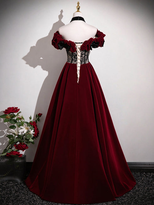 Wine Red Velvet Off Shoulder Long Prom Dress, A-line Beaded Sweetheart Evening Dress Party Dress