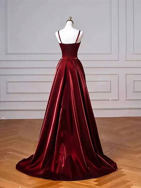 Wine Red Straps Sweetheart Satin Long Formal Dress, Wine Red Satin Prom Dress Party Dress