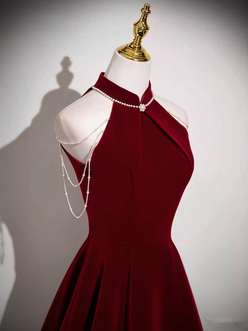 Wine Red Velvet Halter A-line Prom Dress Evening Dress, Simple Long Velvet Formal Dress