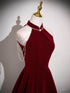 Wine Red Velvet Halter A-line Prom Dress Evening Dress, Simple Long Velvet Formal Dress