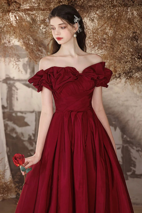 Wine Red Taffeta Satin Long Evening Dress, Wine Red Off Shoulder Prom Dress