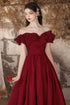 Wine Red Taffeta Satin Long Evening Dress, Wine Red Off Shoulder Prom Dress