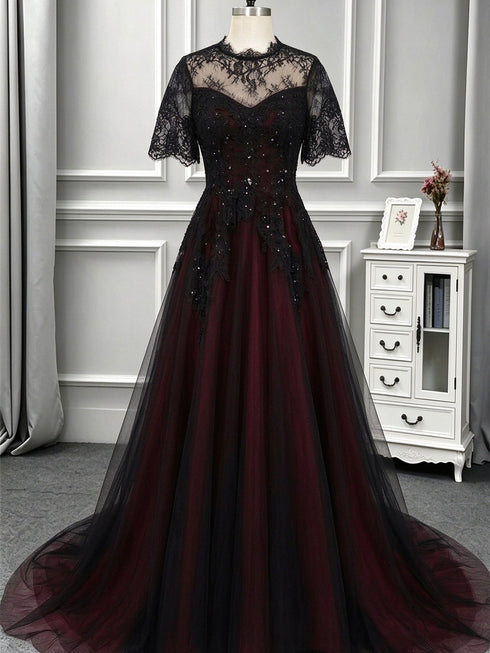 Gothic Black and Wine Red Tulle Prom Dress, A-line High Neckline Long Wedding Party Dress