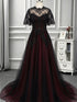 Gothic Black and Wine Red Tulle Prom Dress, A-line High Neckline Long Wedding Party Dress
