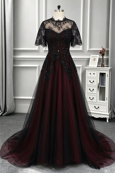 Gothic Black and Wine Red Tulle Prom Dress, A-line High Neckline Long Wedding Party Dress