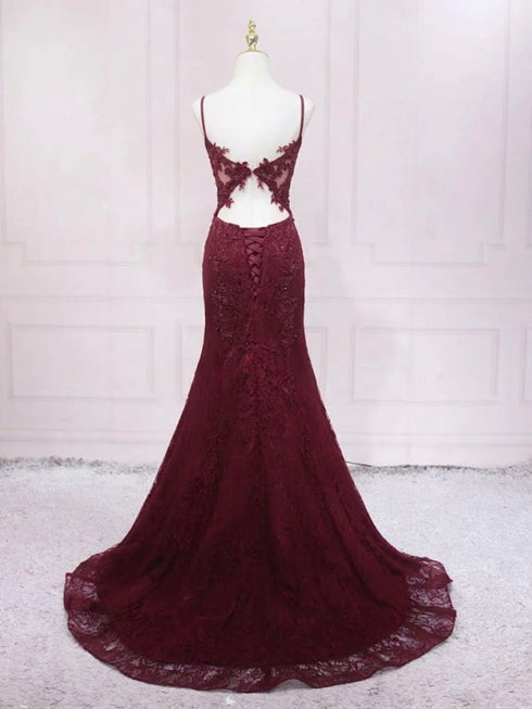 Wine Red Mermaid Lace Sweetheart Long Prom Dress, Wine Red Straps Evening Dress Party Dress