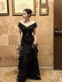 Black Off Shoulder Satin Layers Long Formal Dress, Black Satin V-neckline Prom Dress