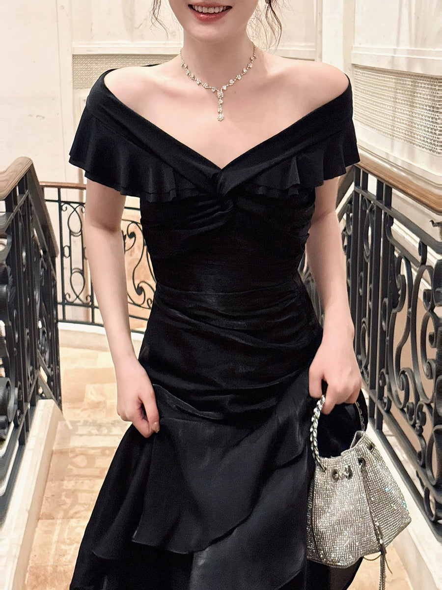 Black Off Shoulder Satin Layers Long Formal Dress, Black Satin V-neckl
