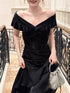 Black Off Shoulder Satin Layers Long Formal Dress, Black Satin V-neckline Prom Dress