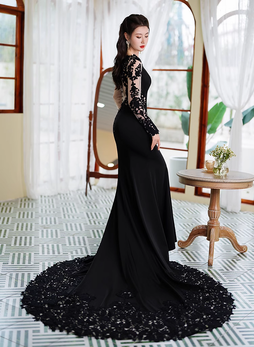 blue dress for baby girl Black Mermaid Long Sleeves with Lace Wedding Party Dress, Black Mermaid Prom Dress US Size 18w / Black