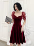 Wine Red Velvet Knee Length Short Party Dress, Wine Red Homecoming Dress