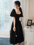 Black Velvet Tea Length Short Sleeves Wedding Party Dress, Black Velvet Homecoming Dress