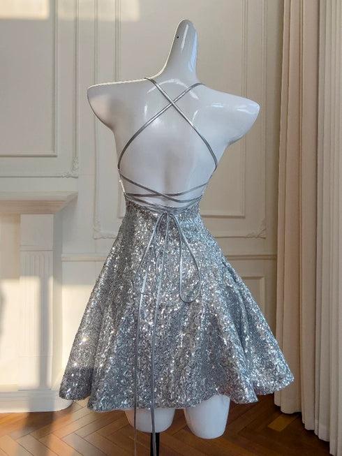 Sliver-Grey Short Sequins Straps Homecoming Dress, Sequins Short Prom Dress