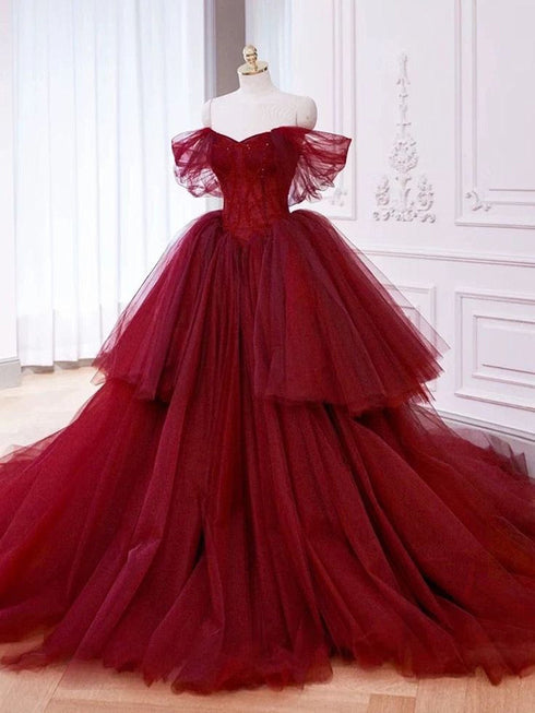 Wine Red Tulle Beaded Sweetheart Long Formal Dress, Off Shoulder Sweet 16 Dress