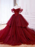 Wine Red Tulle Beaded Sweetheart Long Formal Dress, Off Shoulder Sweet 16 Dress