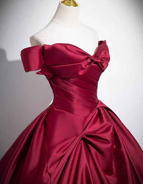 Wine Red Satin Off Shoulder Floor Length Party Dress, Wine Red Long Prom Dress