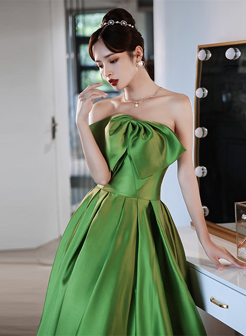 Green Satin A-line Long Formal Dress, Green Simple Pretty Floor Length Prom Dress