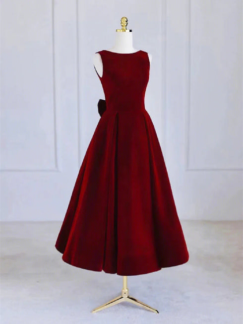 A-line Wine Red Velvet Tea Length Party Dress, Wine Red Velvet Prom Dress