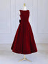 A-line Wine Red Velvet Tea Length Party Dress, Wine Red Velvet Prom Dress