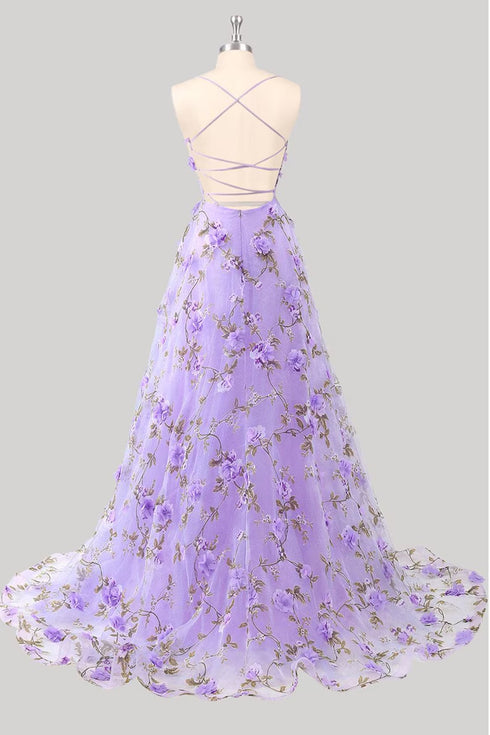 Light Purple A-line Straps Cross Back Long Party Dress, Light Purple Floral Prom Dress