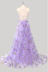 Light Purple A-line Straps Cross Back Long Party Dress, Light Purple Floral Prom Dress