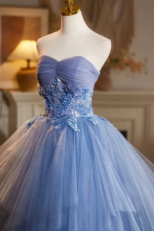 Blue Sweetheart Tulle Strapless Long Prom Dress, Blue Tulle Sweet 16 Dresses