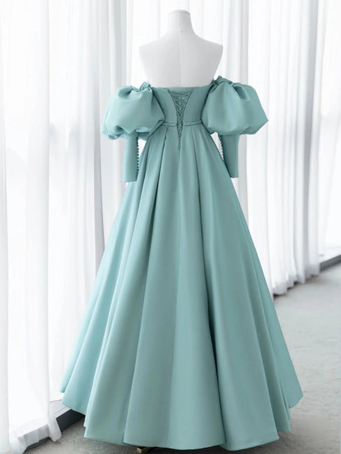 A-line Sweetheart Blue Puffy Sleeves Long Formal Dress, Blue Long Party Dress Prom Dress