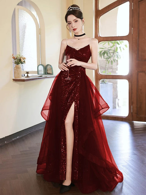 Wine Red Sequins A-line Strap Beaded Party Dress, V-neckline Prom Dress Evening Dress