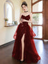 Wine Red Sequins A-line Strap Beaded Party Dress, V-neckline Prom Dress Evening Dress