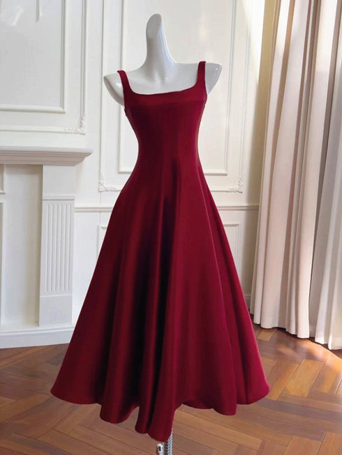 Wine Red Tea Length Straps Formal Dress, Wine Red Scoop Homecoming Dress