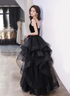 Black Tulle Straps V-neckline Beaded Long Formal Dress, Black A-line Prom Dress