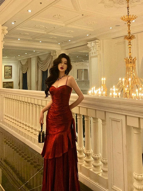 Wine Red Mermaid Straps Satin Chic Party Dress, Wine Red Satin Prom Dress Evening Dress