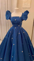 Blue Satin Beaded Short Sleeves Long Wedding Party Dress, Blue Satin Long Party Dress