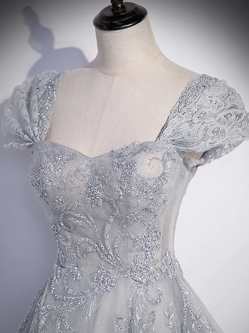Grey A-line Tulle Short Sleeves Long Formal Dress, Grey Tulle Lace Party Dress Prom Dress