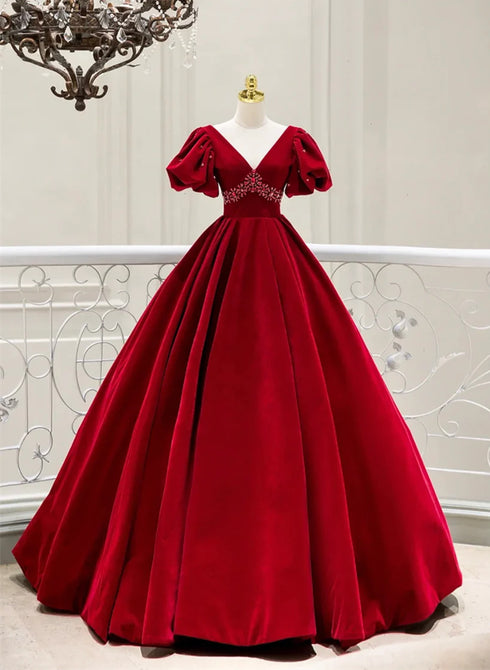 Wine Red Velvet Beaded Short Sleeves Party Dress, Wine Red Prom Dress
