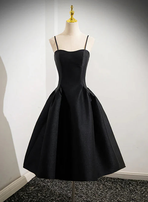 Black Satin Straps Simple Knee Length Party Dress, Black Homecoming Dress