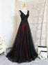 Gothic Black and Red V-neckline Long Formal Dress, A-line Black and Red Prom Dress with Lace Applique