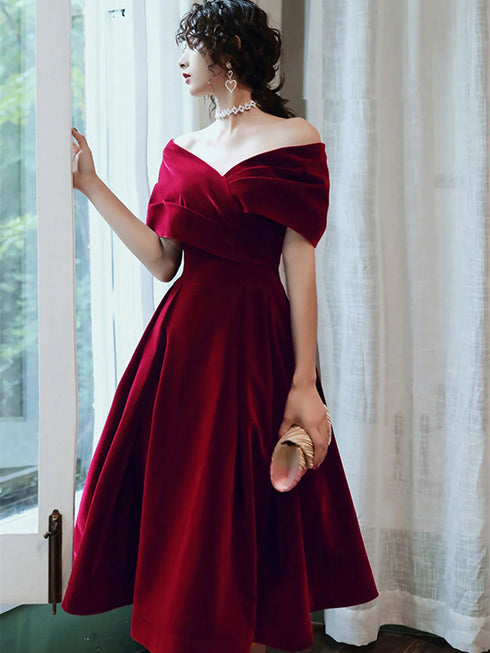 Wine Red Velvet Tea Length Off Shoulder Party Dress Homecoming Dress, Wine Red Bridesmaid Dress