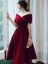 Wine Red Velvet Tea Length Off Shoulder Party Dress Homecoming Dress, Wine Red Bridesmaid Dress
