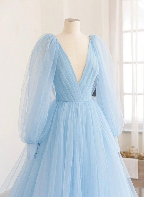 Light Blue Puffy Sleeves Long Formal Dress, Light Blue Tulle Prom Dress