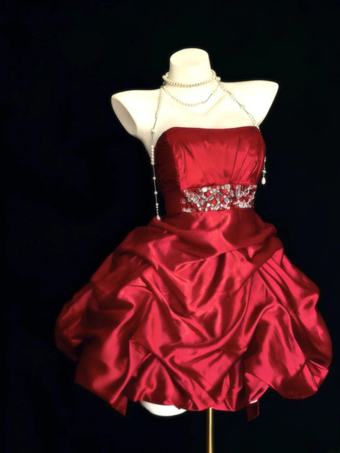 Strapless Wine Red Satin Cocktail Dress with Beadings, Sexy Mini Wine Red Homecoming Dress